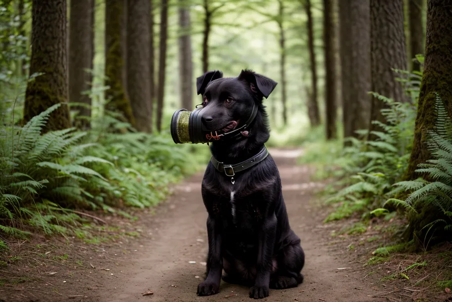 Hund mit Maulkorb sitzt ruhig am Kanalufer, während ein Radfahrer in der Ferne vorbeifährt