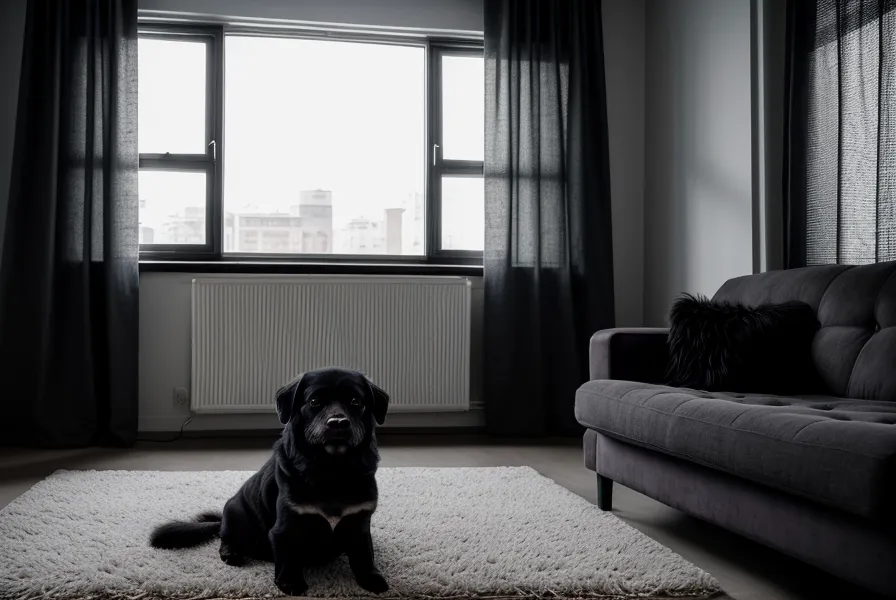 Ein dunkler Hund liegt entspannt mit dem Kopf auf den Pfoten.