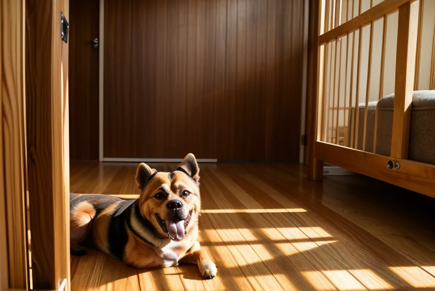 Ein Hund ruht entspannt hinter einem Schutzgitter in der Wohnung.