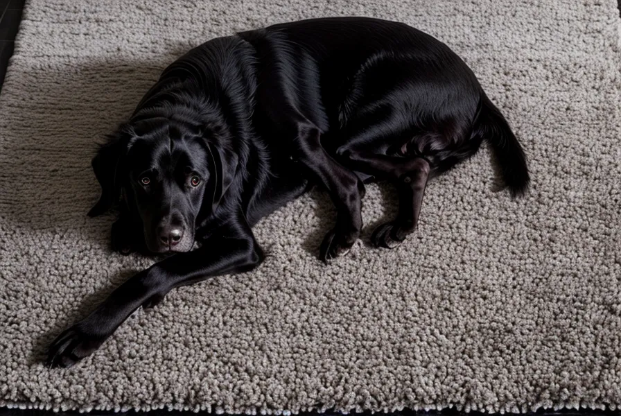 Ein Hund liegt mit ausreichendem Abstand auf einem Teppich im Wohnzimmer.