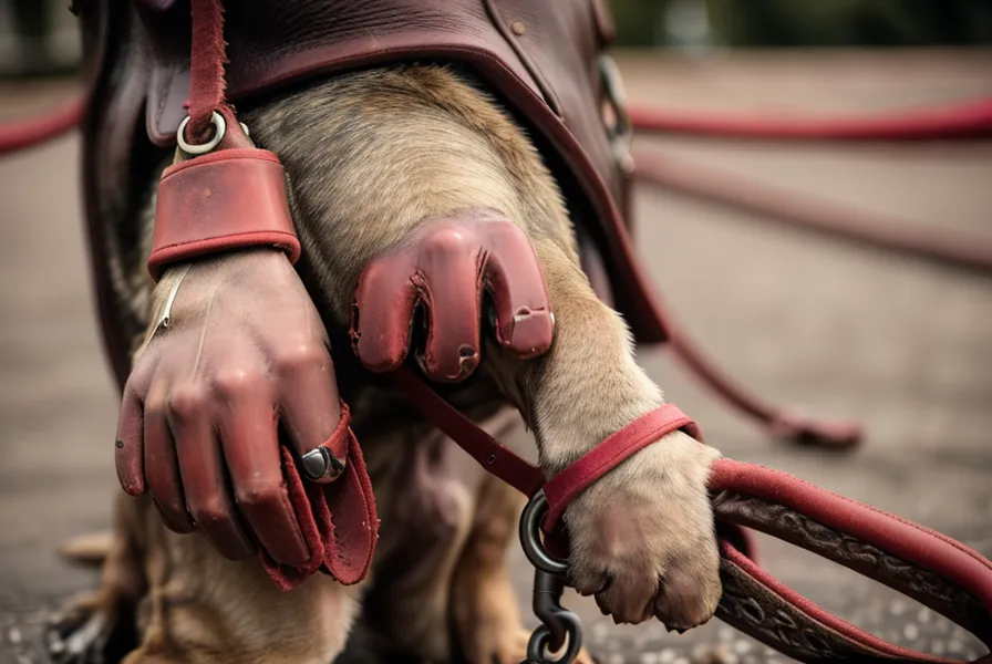 Nahaufnahme einer Lederleine in der Hand einer Frau vor einem regnerischen Parkhintergrund.