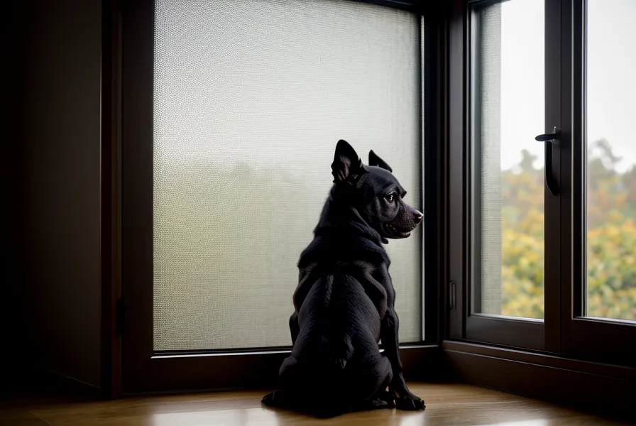 Ein dunkler Hund betrachtet aus sicherem Abstand das Geschehen vor dem Fenster.