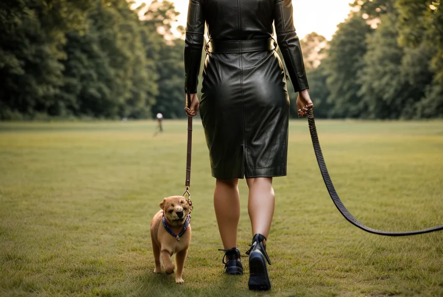 Perspektive einer Halterin, die ihren Hund mit Maulkorb sicher an der Leine durch einen Park führt.
