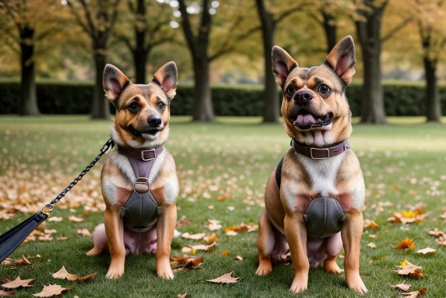 Ein Hund mit Maulkorb steht aufmerksam auf einer Wiese im Herbstlaub.