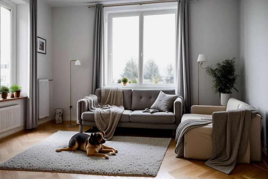 Wohnzimmerszene mit respektvoller Distanz zwischen Mensch und schlafendem Hund.