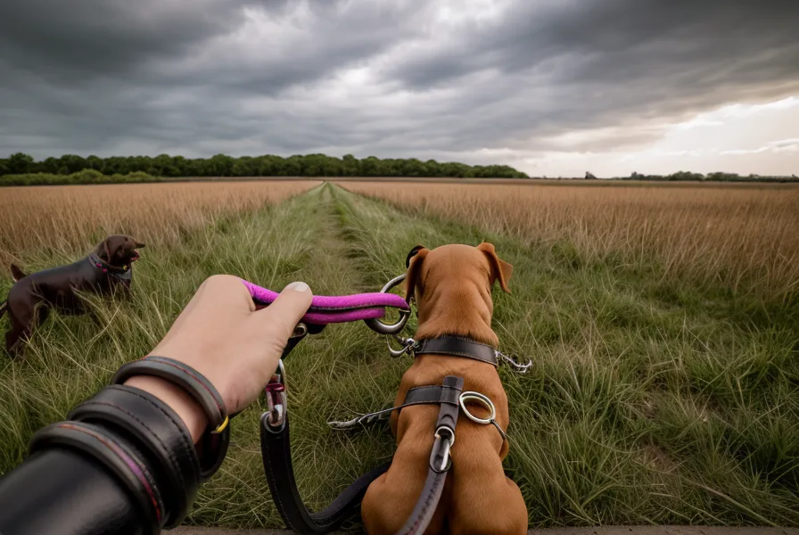 Die Perspektive einer Hundehalterin während einer Trainingssituation mit einem Regenschirm.